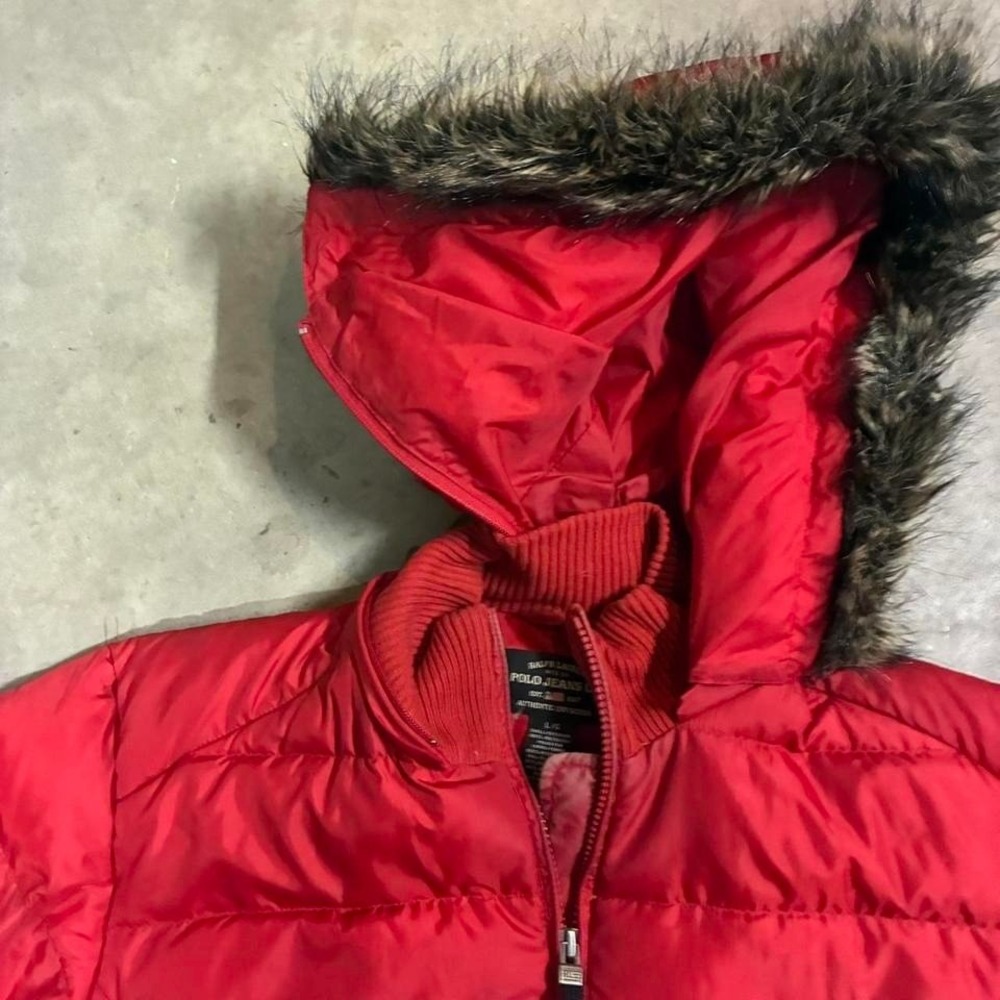 vintage polo sport puffer jacket with a removable fur‎ hood, size Large - Picture 3 of 8
